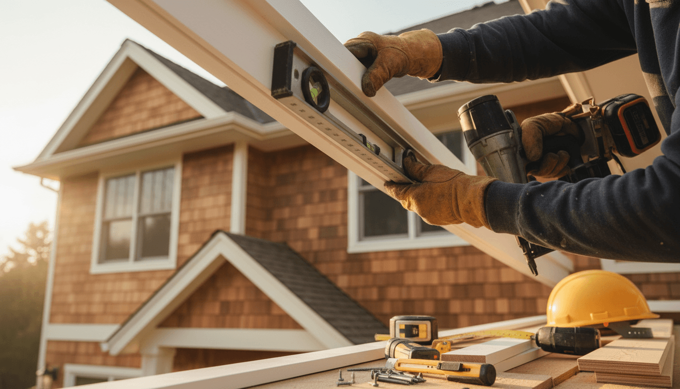 Contractor installing exterior trim on residential home